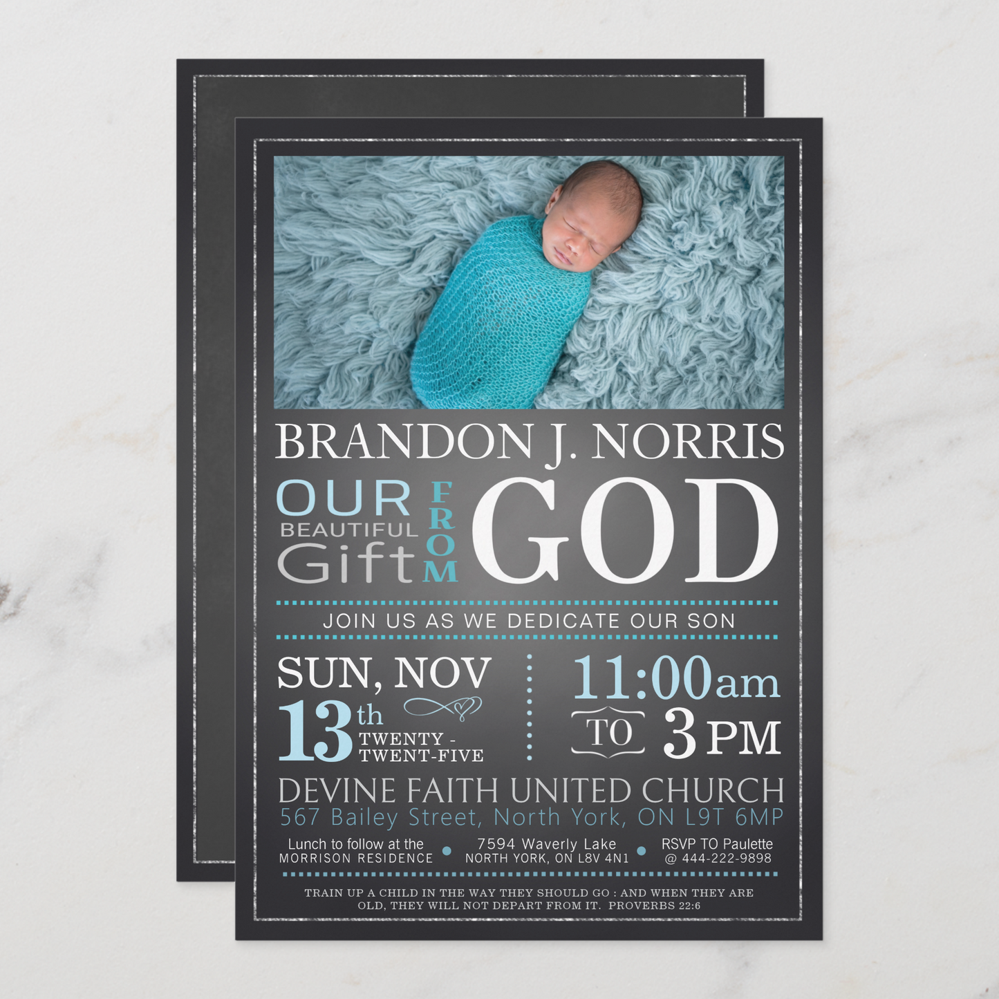 Blue Chalkboard Baby Dedication Invitation, Christening Invitation, Baby Blessing Invite  - Size 5x7, Editable Templates