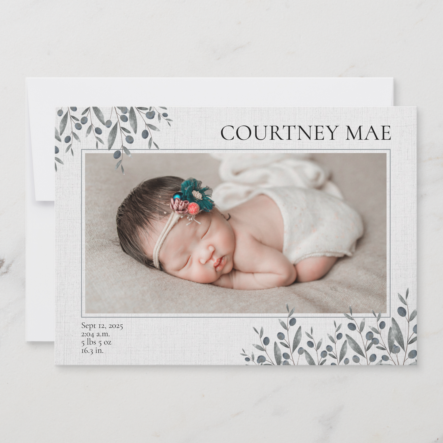 Blue Leaves Baby Photo Announcement Card