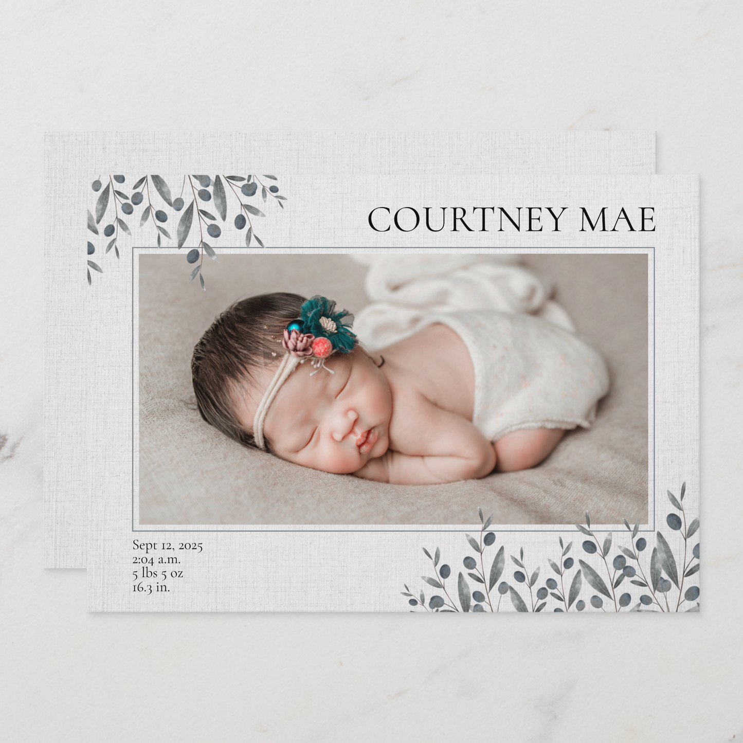 Blue Leaves Baby Photo Announcement Card