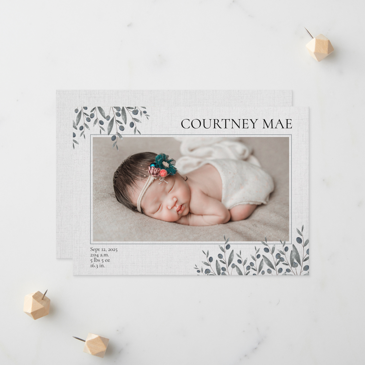 Blue Leaves Baby Photo Announcement Card