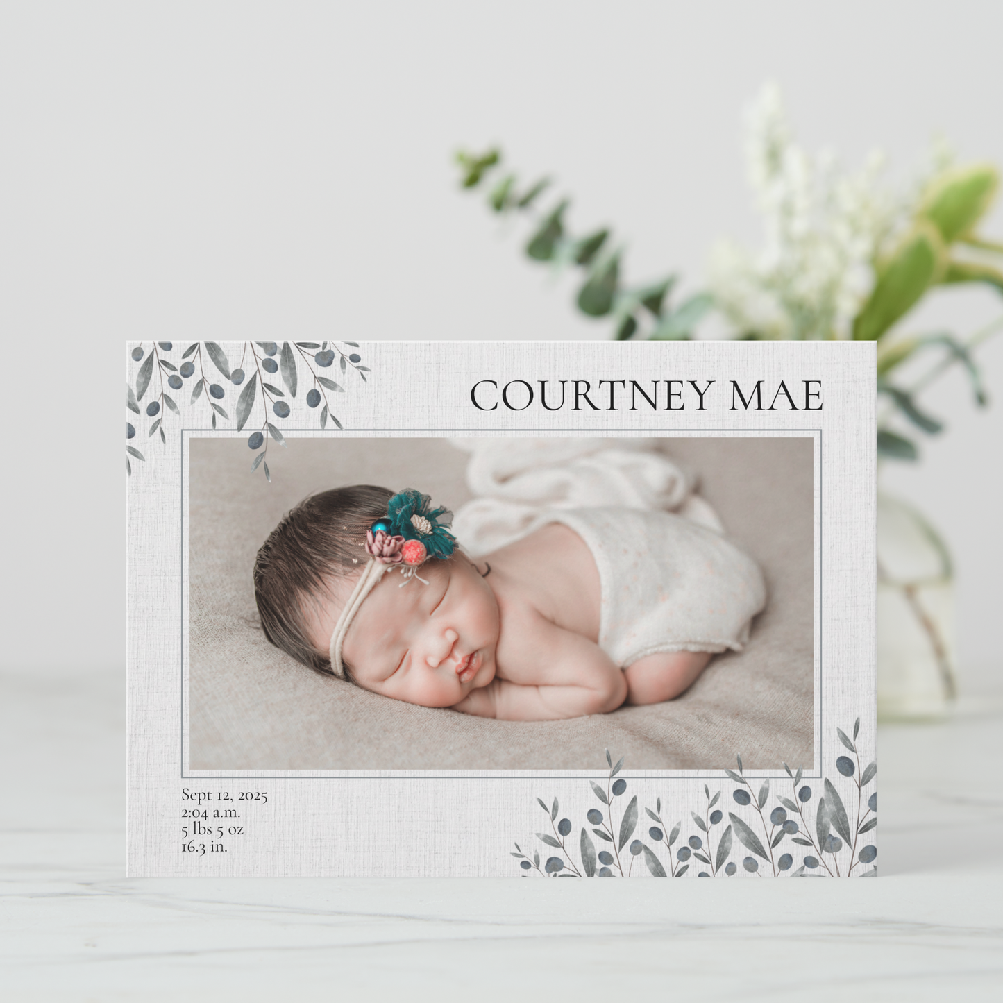 Blue Leaves Baby Photo Announcement Card