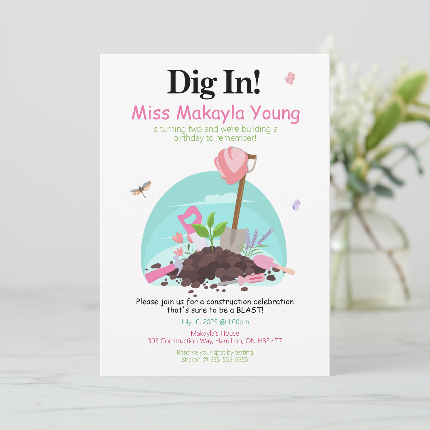 Dig In Pink Construction Invitation for Kids