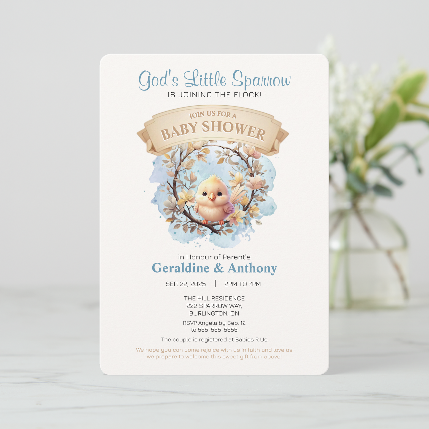 God's Little Sparrow Baby Shower Invitation