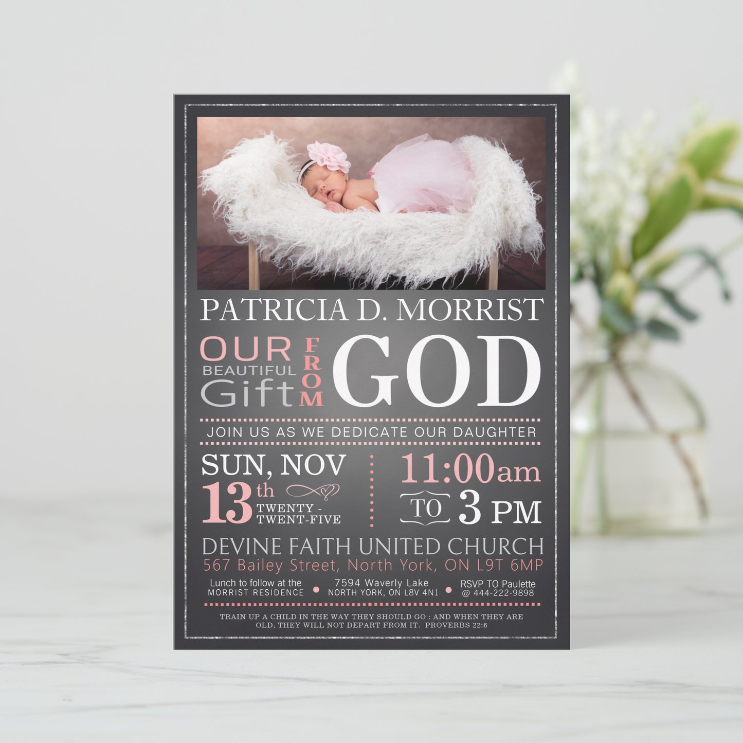 Baby Dedication Pink Invitation, Christening Invitation, Baby Blessing Invite  - Size 5x7, Editable Templates