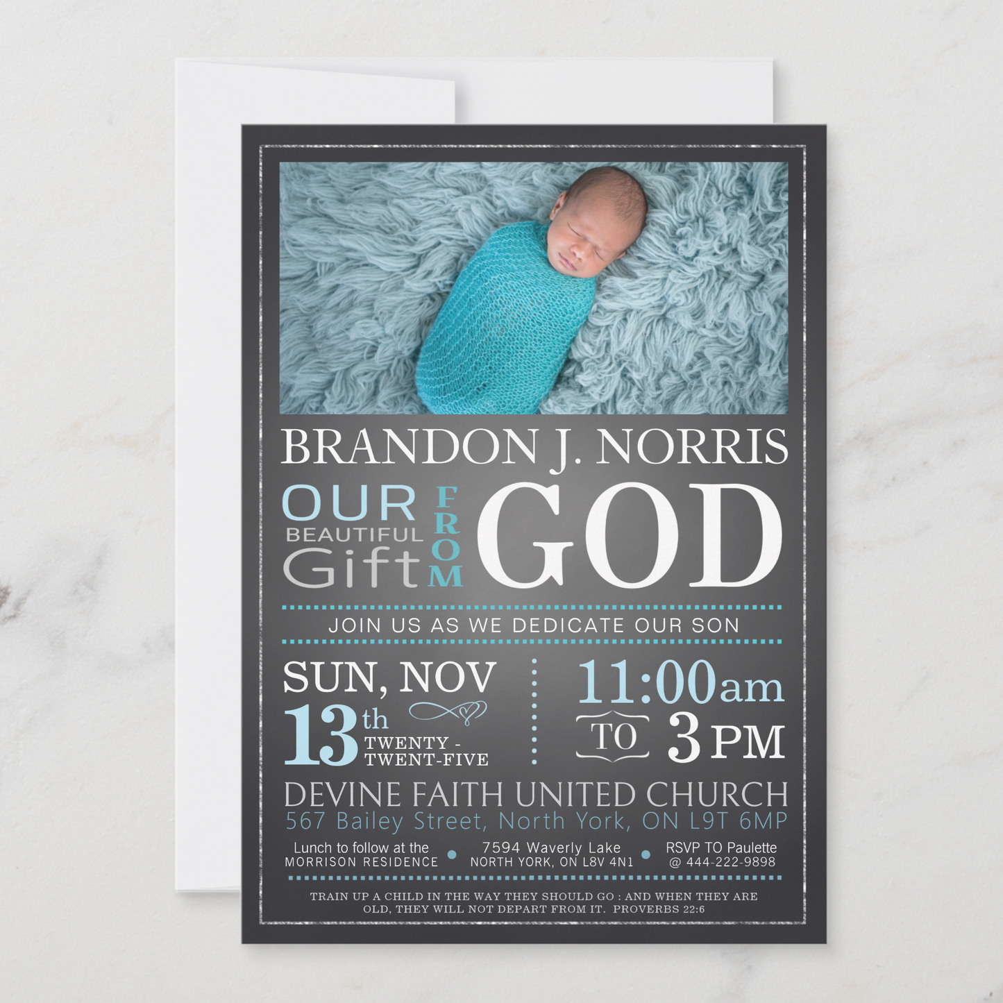 Blue Chalkboard Baby Dedication Invitation, Christening Invitation, Baby Blessing Invite  - Size 5x7, Editable Templates