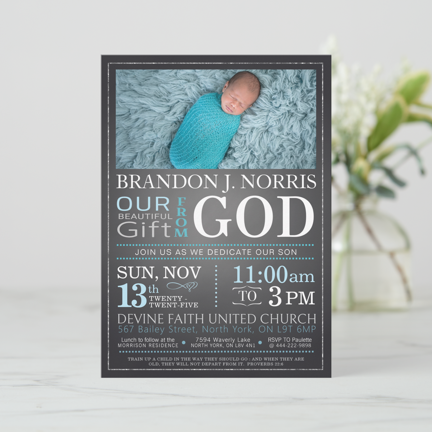 Blue Chalkboard Baby Dedication Invitation, Christening Invitation, Baby Blessing Invite  - Size 5x7, Editable Templates