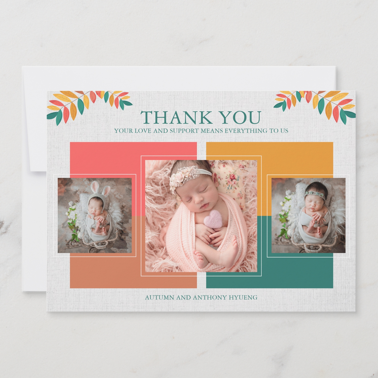 Colourful Leaves Baby Photo Announcement Card Template