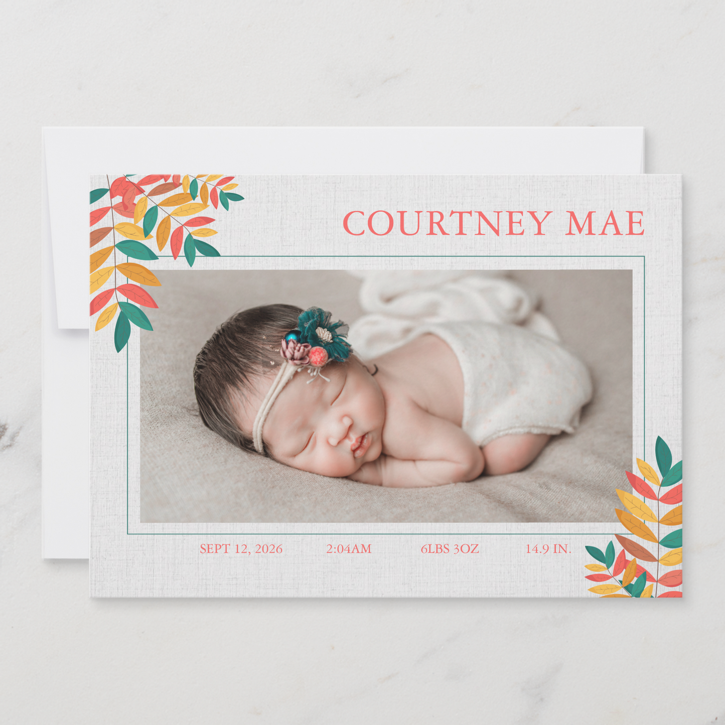 Colourful Leaves Baby Photo Announcement Card Template