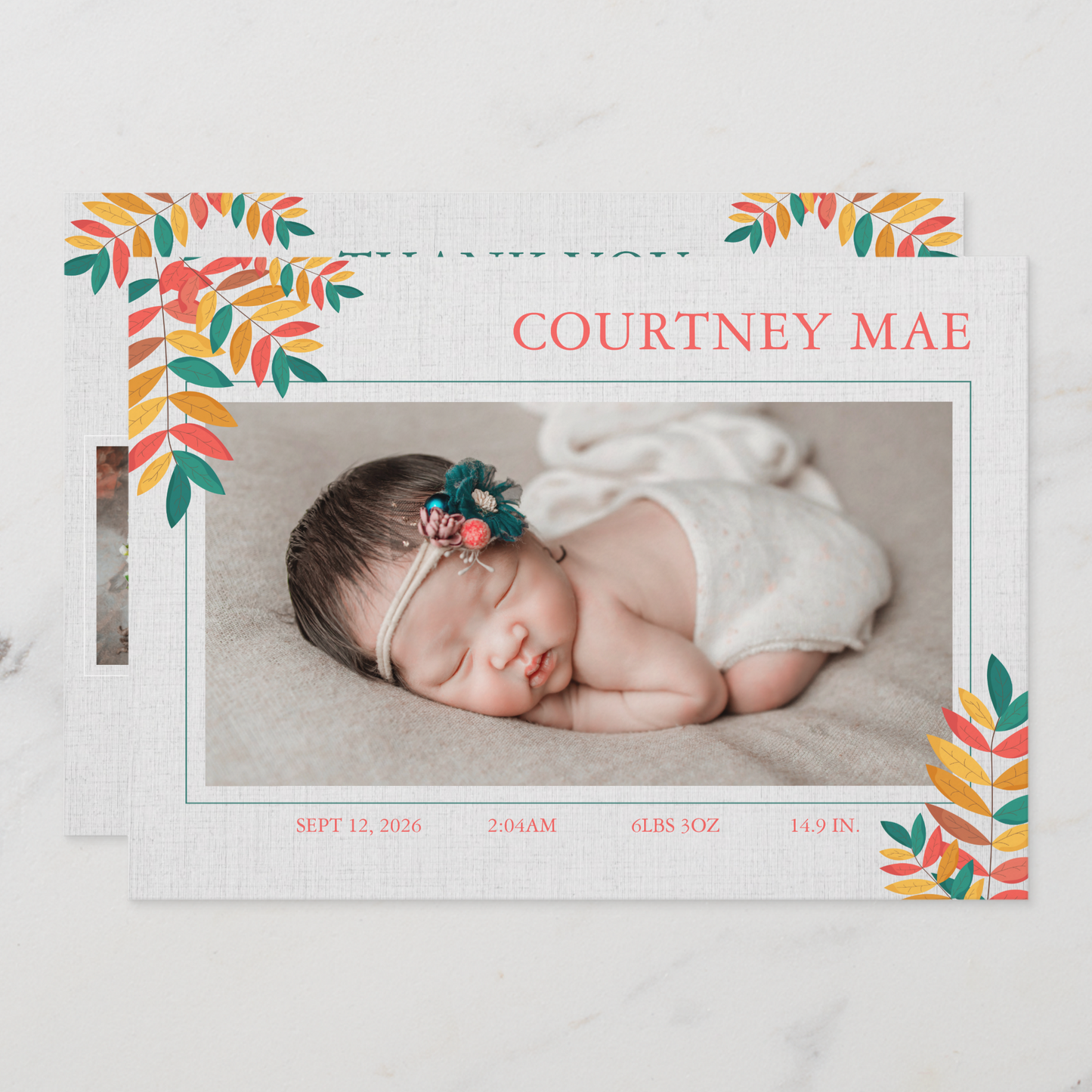 Colourful Leaves Baby Photo Announcement Card Template