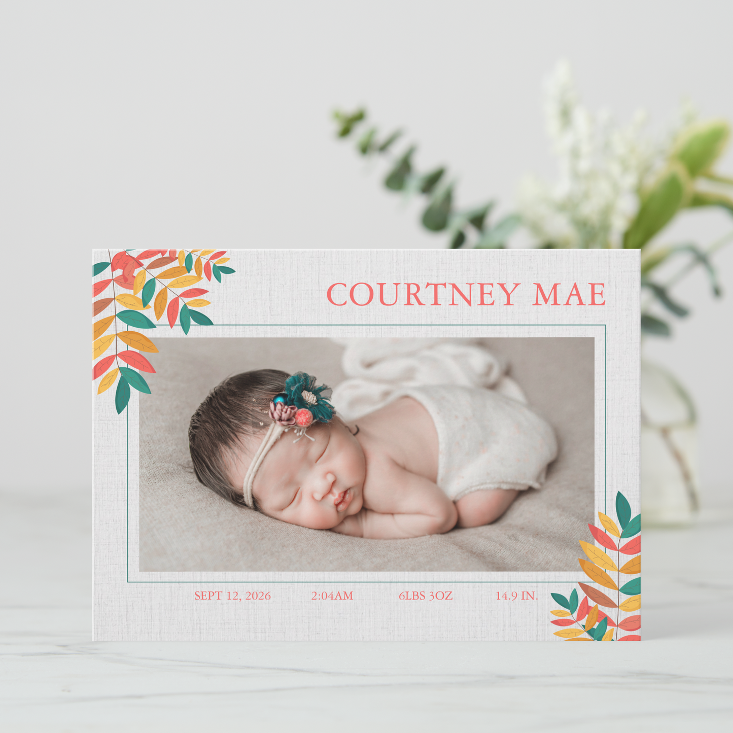 Colourful Leaves Baby Photo Announcement Card Template