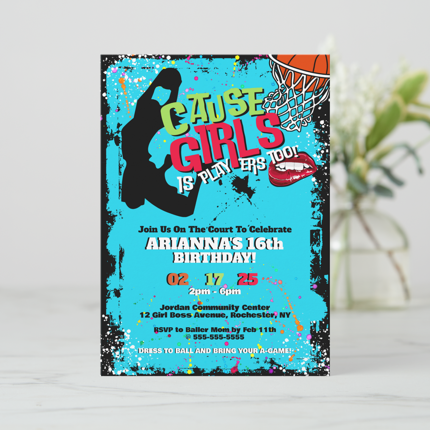 Girls Is Players Too Basketball Birthday Invitation
