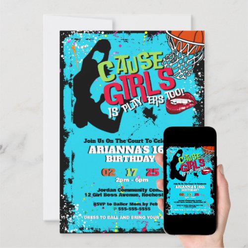 Girls Is Players Too Basketball Birthday Invitation