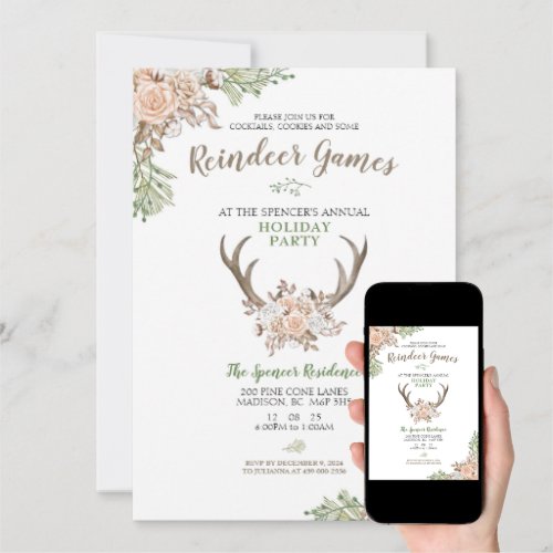 Reindeer Games Editable Holiday Party Invitation, Christmas Party Invitation - Size 5x7